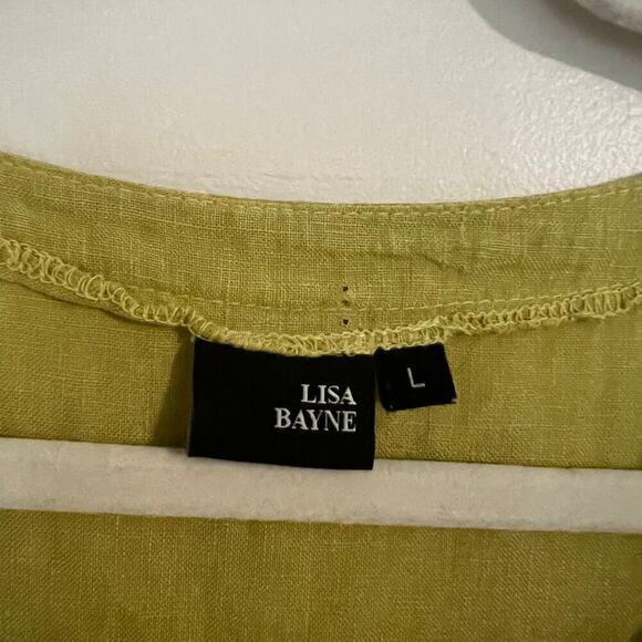 Lisa Bayne Chartreuse Green 100% Linen Short Sleeve Relaxed Loose Blouse Sz Lg - Picture 4 of 8